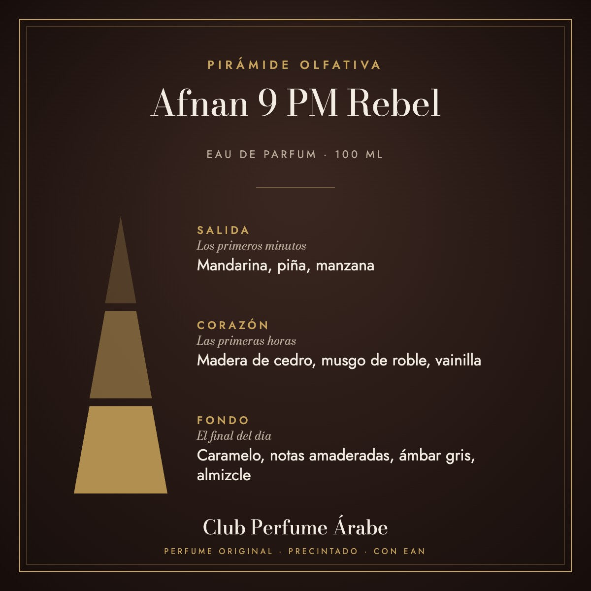 Pirámide olfativa de Afnan 9 PM Rebel: notas de salida, corazón y fondo