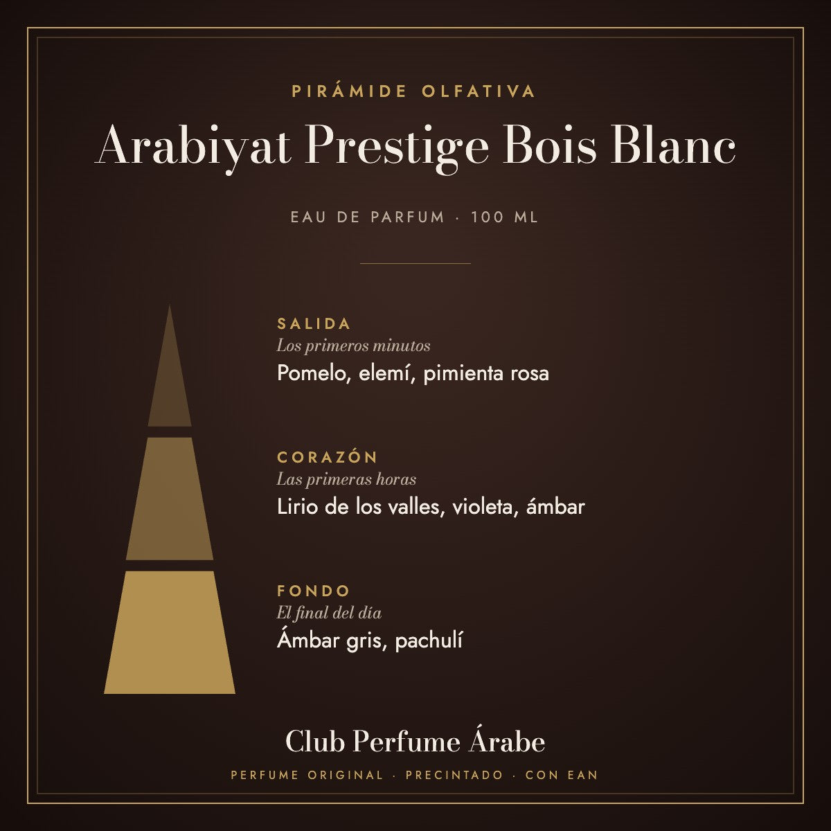 Pirámide olfativa de Arabiyat Prestige Bois Blanc: notas de salida, corazón y fondo