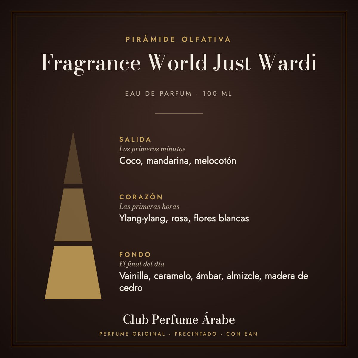 Pirámide olfativa de Fragrance World Just Wardi: notas de salida, corazón y fondo