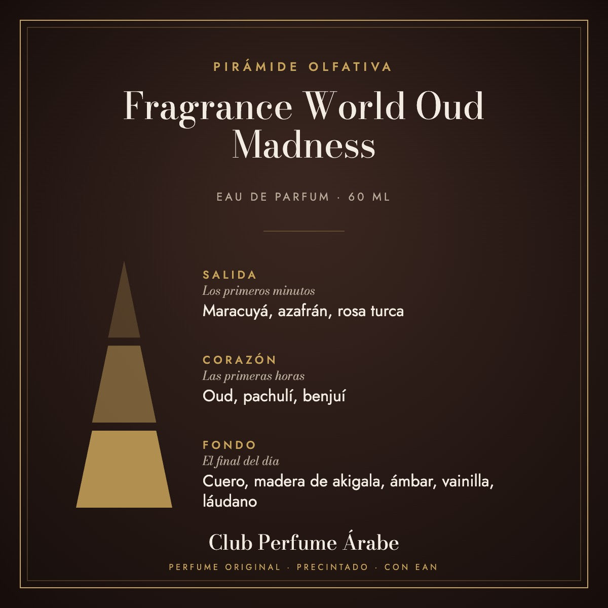 Pirámide olfativa de Fragrance World Oud Madness: notas de salida, corazón y fondo