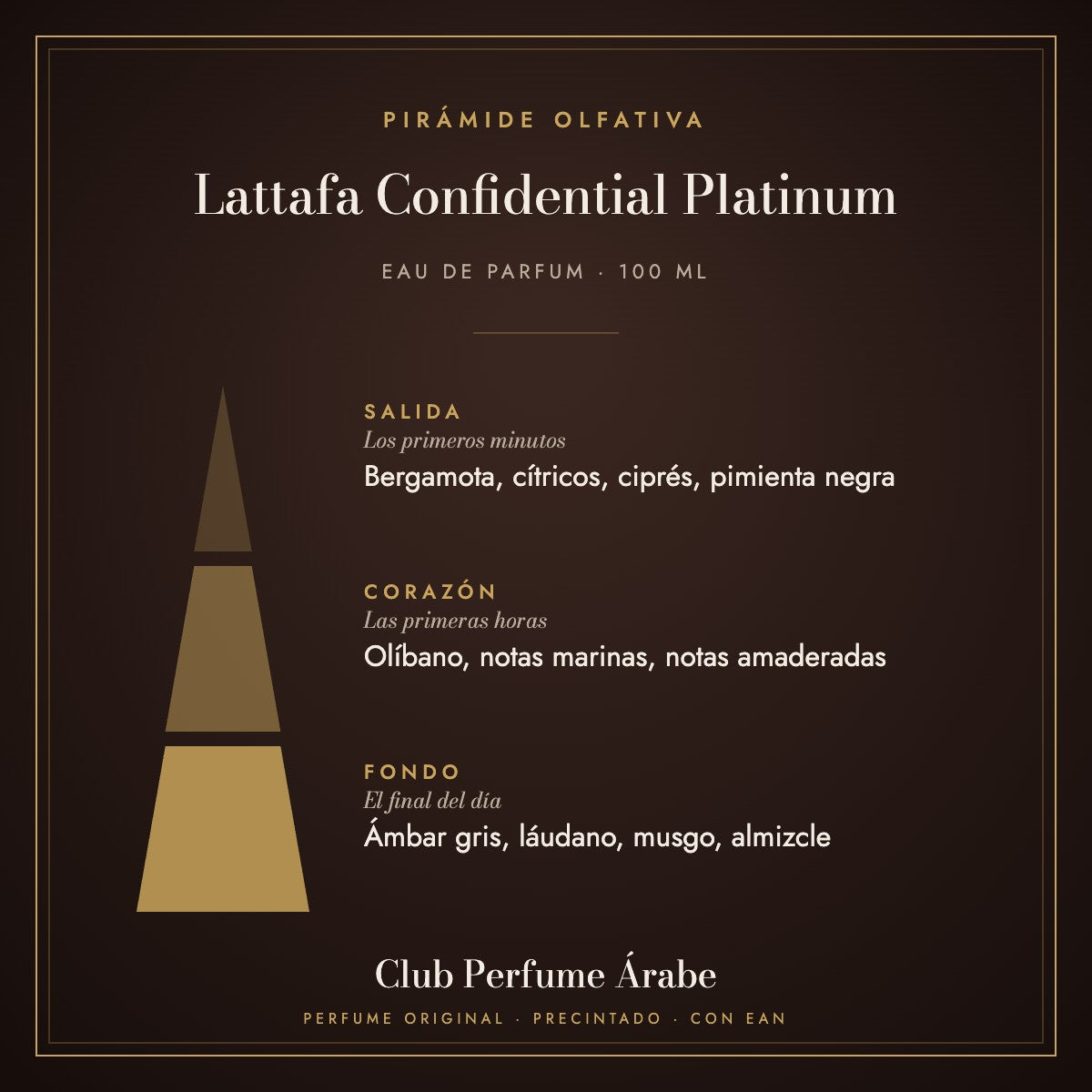 Pirámide olfativa de Lattafa Confidential Platinum: notas de salida, corazón y fondo