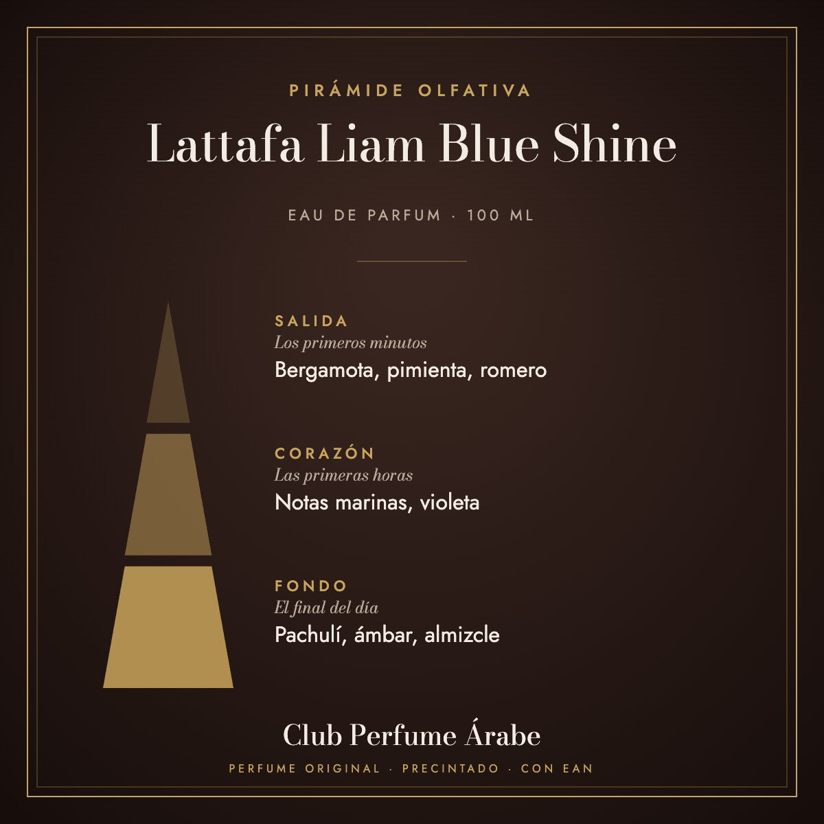 Pirámide olfativa de Lattafa Liam Blue Shine: notas de salida, corazón y fondo