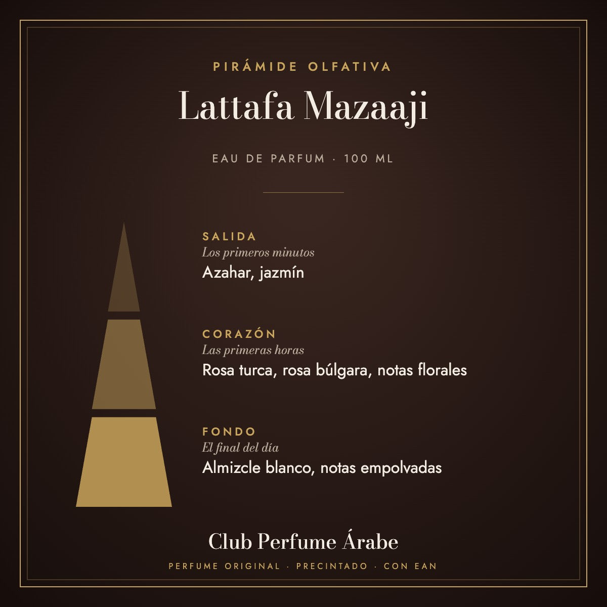 Pirámide olfativa de Lattafa Mazaaji: notas de salida, corazón y fondo