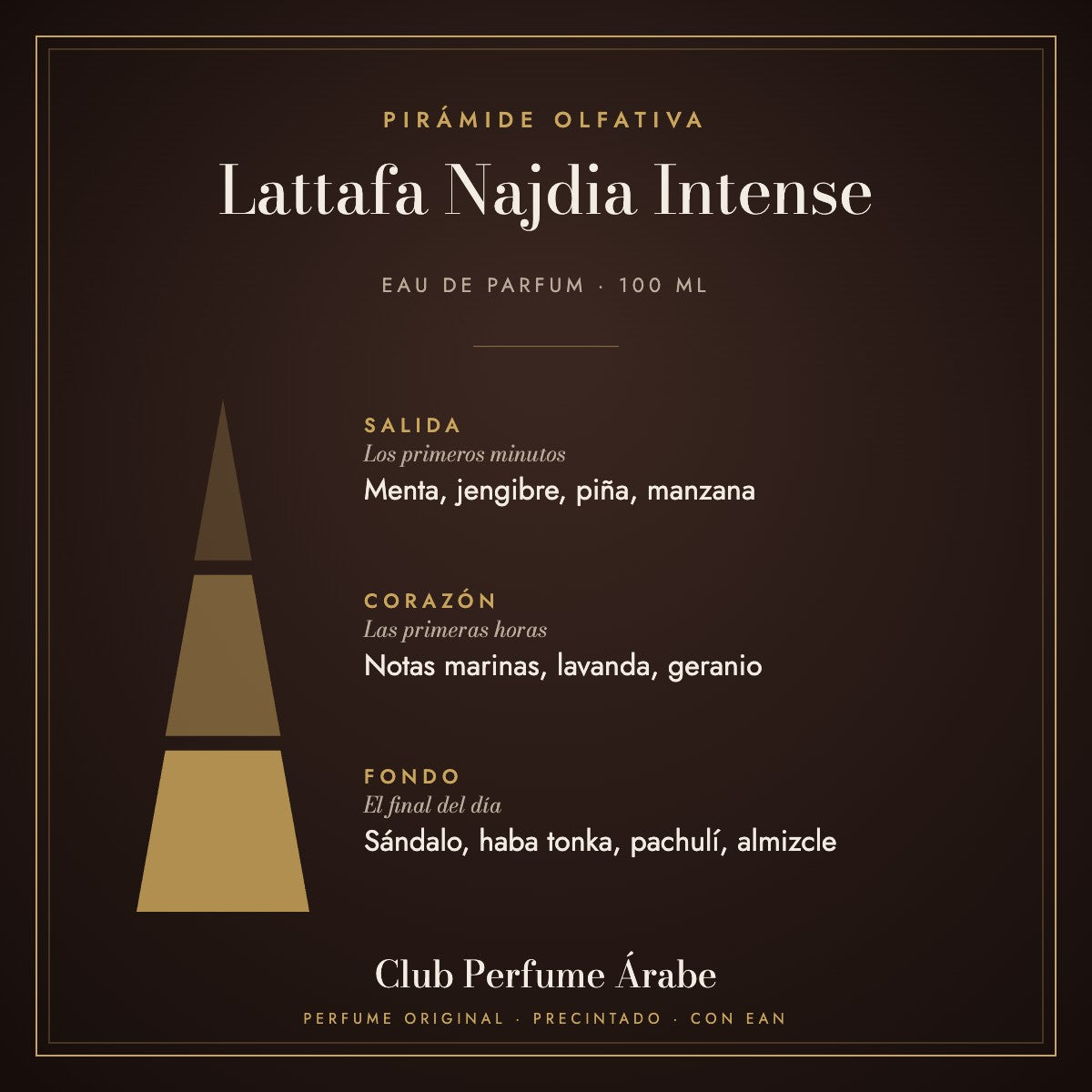 Pirámide olfativa de Lattafa Najdia Intense: notas de salida, corazón y fondo