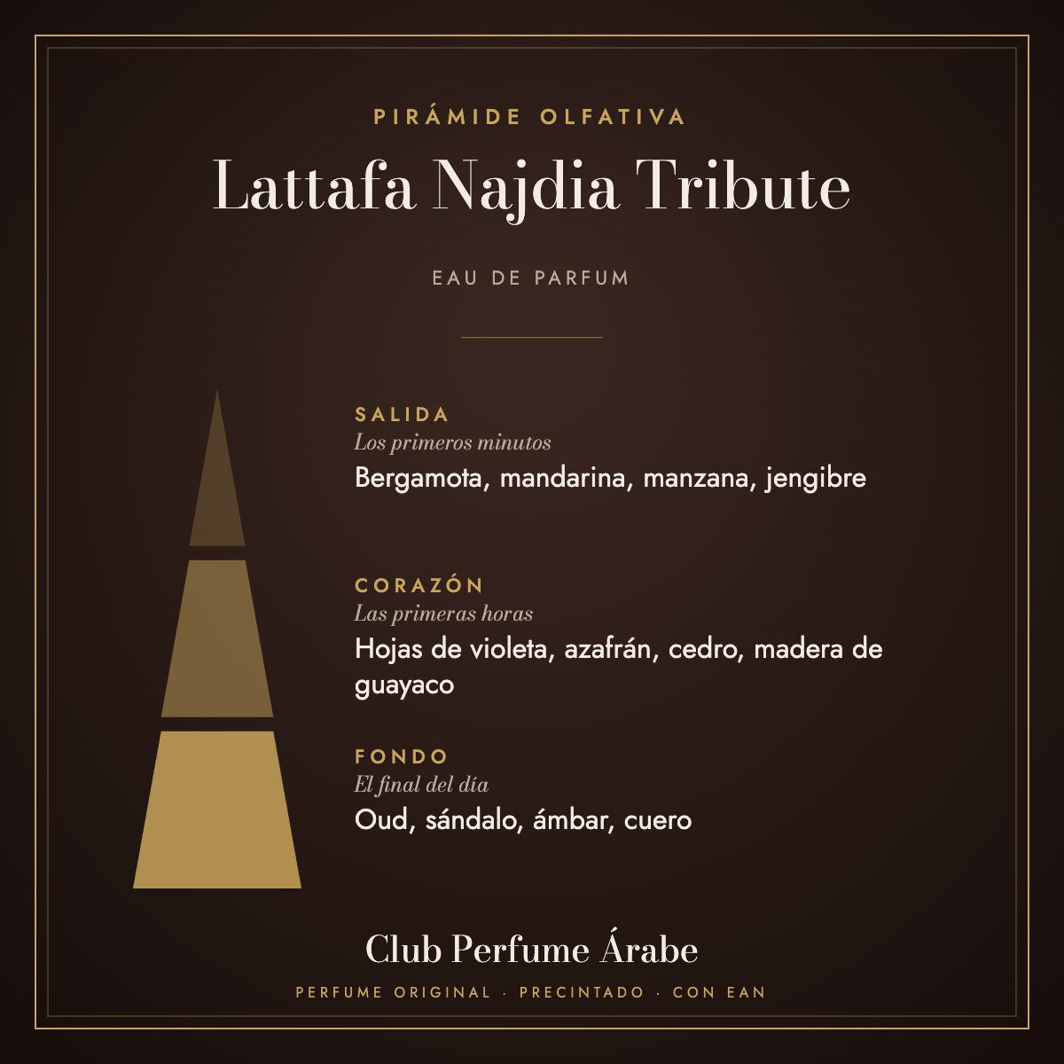 Pirámide olfativa de Lattafa Najdia Tribute: notas de salida, corazón y fondo