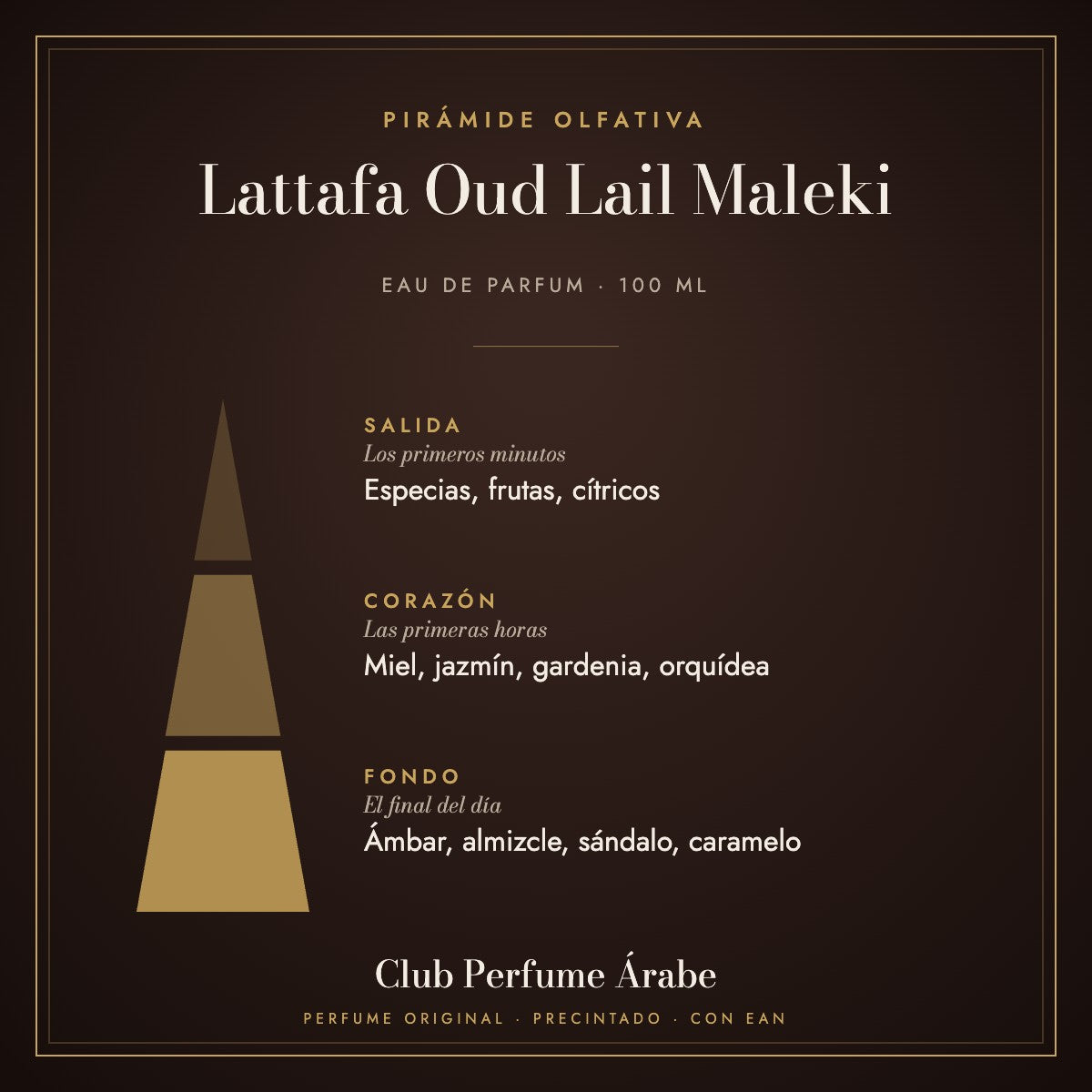 Pirámide olfativa de Lattafa Oud Lail Maleki: notas de salida, corazón y fondo
