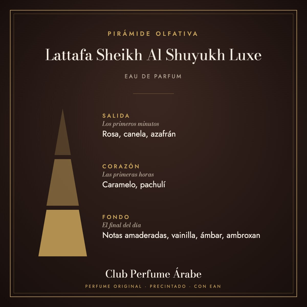 Pirámide olfativa de Lattafa Sheikh Al Shuyukh Luxe: notas de salida, corazón y fondo
