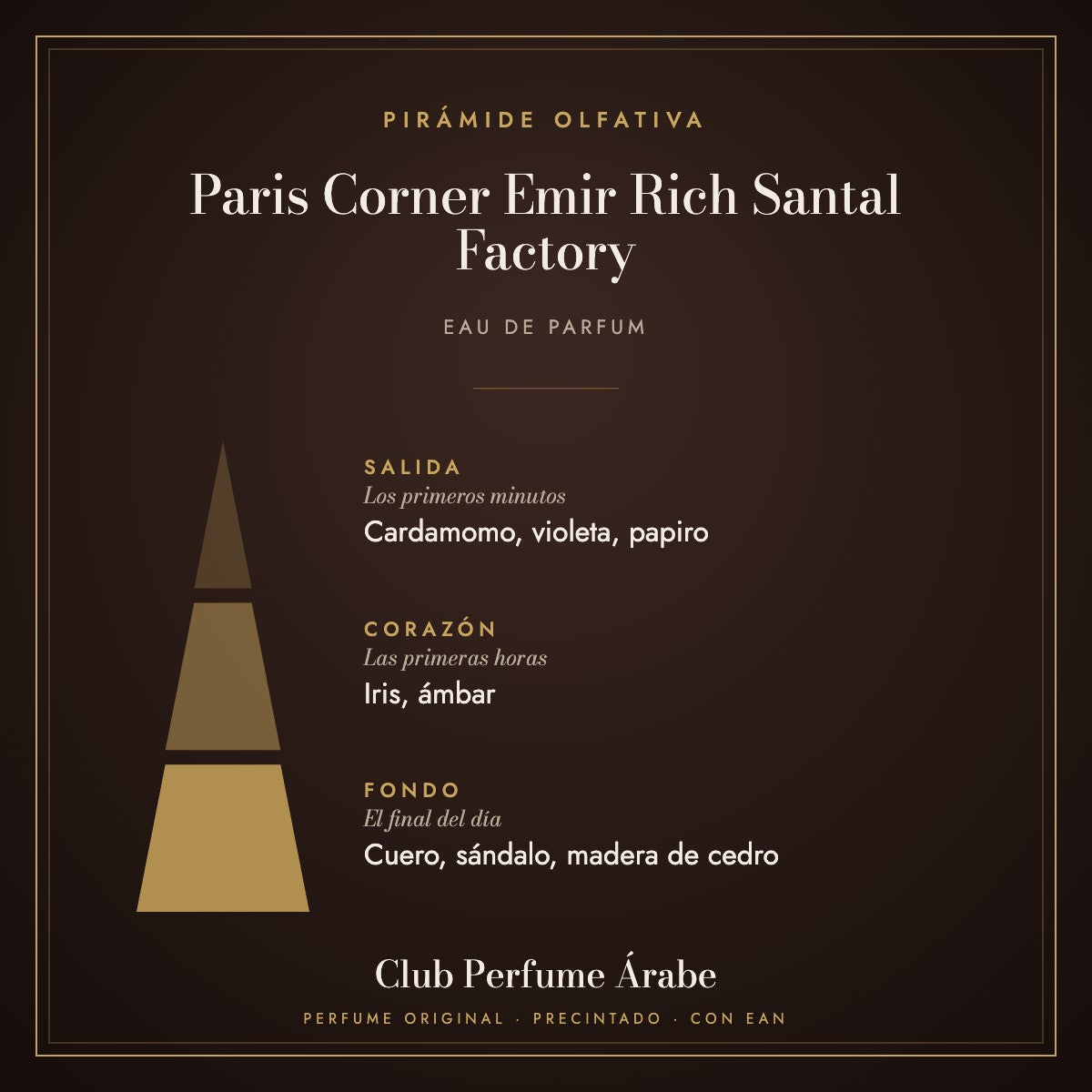 Pirámide olfativa de Paris Corner Emir Rich Santal Factory: notas de salida, corazón y fondo