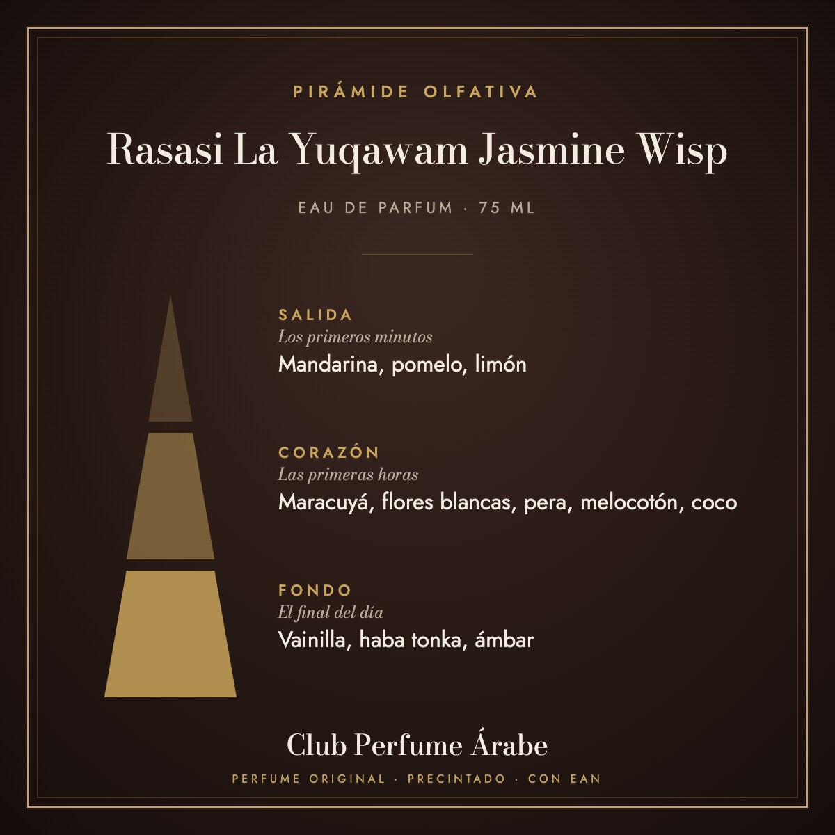 Pirámide olfativa de Rasasi La Yuqawam Jasmine Wisp: notas de salida, corazón y fondo